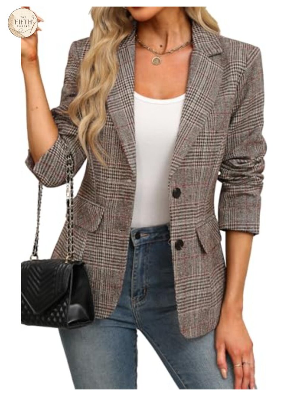 Plaid Houndstooth Blazer Notch Collar Button Pockets Business Casual
